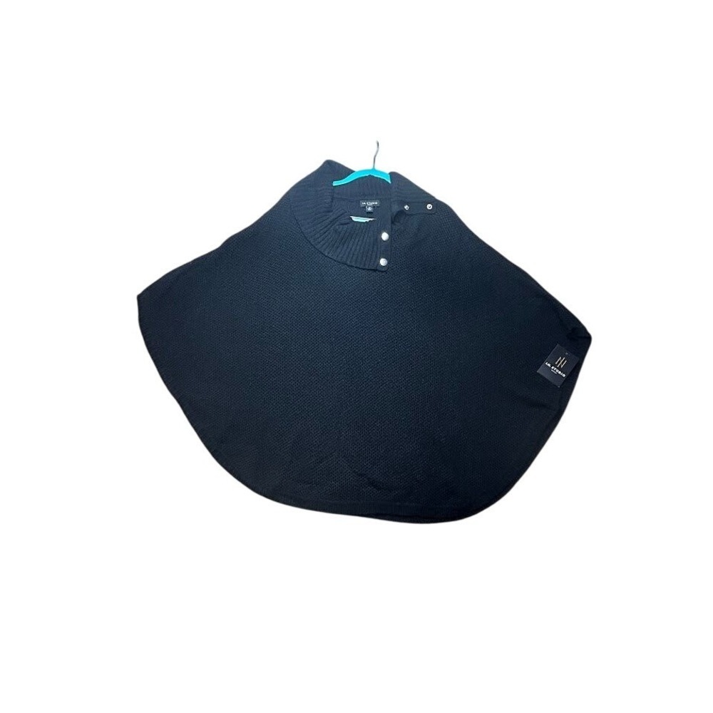 IN Studio Woman Black Knit Poncho Mock Neck Snap Button Cape Sweater‎ 2X New